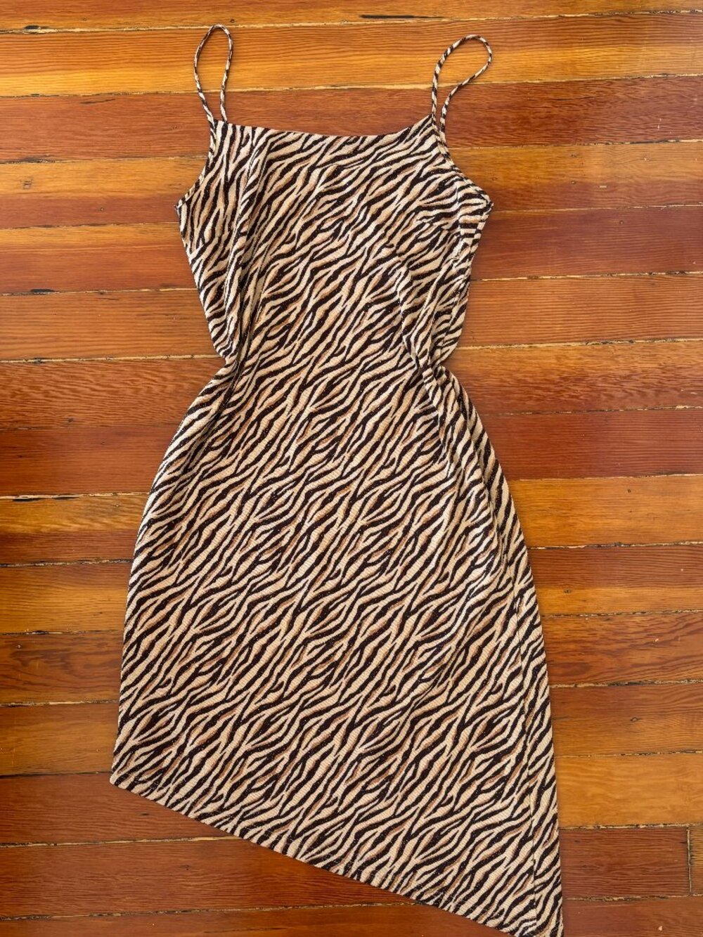 Y2K Vintage Tiger Print Slip Midi Dress Asymmetrical Hem Vivien Caron LARGE